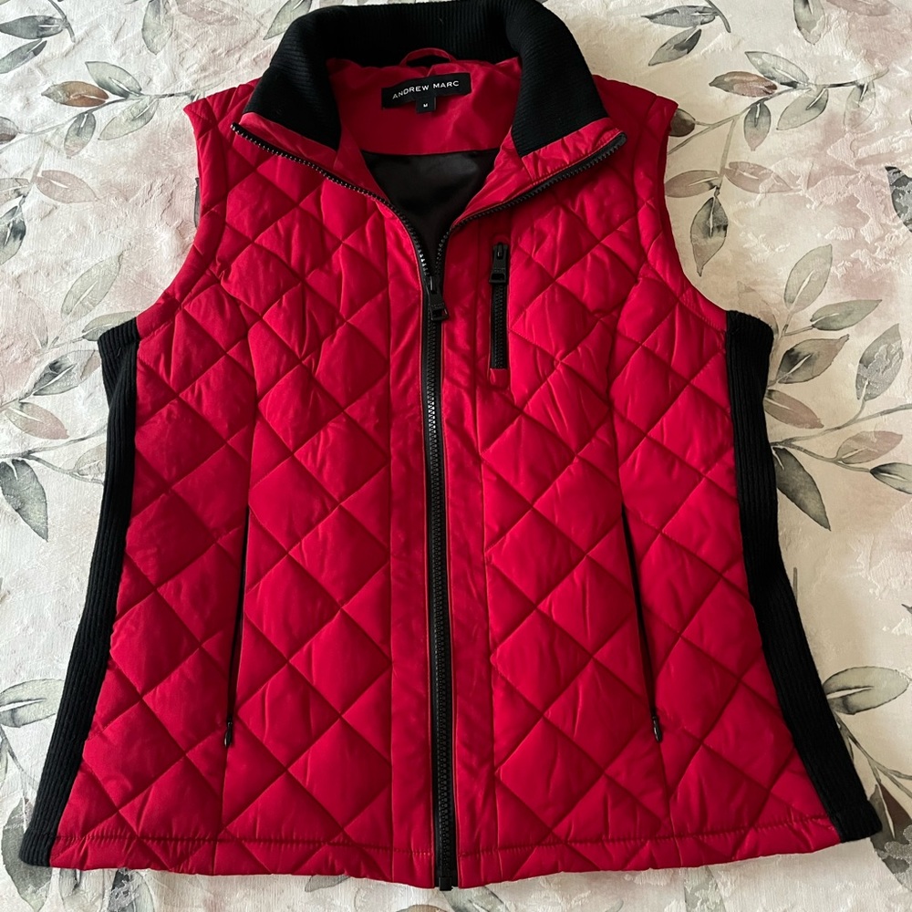 Andrew Marc Red Quilted Vest with Black Details